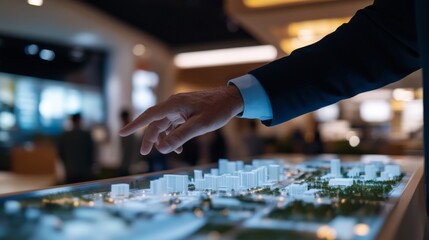 In a sleek conference room, a business professional uses a touch-enabled display to point out key infrastructure features on a 3D city model, facilitating urban planning discussions