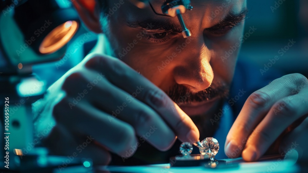 Poster a man is looking at a diamond under a microscope
