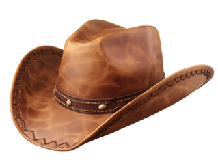 a brown cowboy hat with a brown leather band