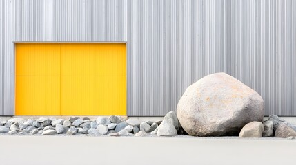 Modern Building with Yellow Door and Large Boulder
