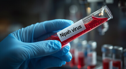 Obraz premium Hand in blue gloves holding a test tube with a red liquid, and the text 