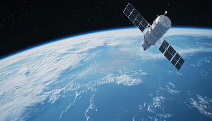 A satellite in space, emitting signal waves toward Earth, with a bright blue atmosphere below