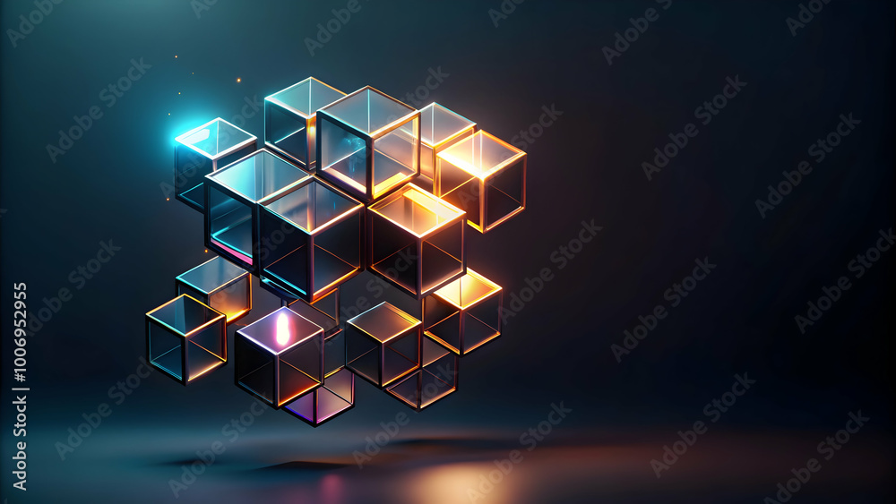Poster abstract data structure: a mesmerizing 3d rendering of geometric cubes with glowing edges, represent