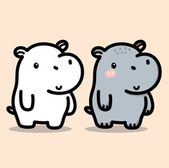 set of cute hippopotamus cartoon drawing and color book vector