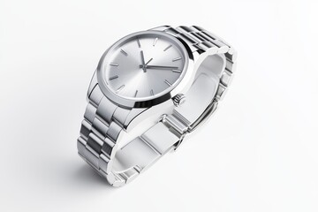 A stainless steel watch mockup on a clean, white background, highlighting its sleek and modern design