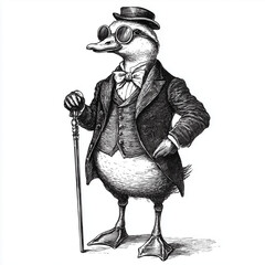 Duck Wearing Suit, Bowler Hat, Glasses, and Walking Stick - Black Vintage Engraving on White Background, Modern Retro Woodcut Style, Stylish Funny Gentlemen Duck Mascot