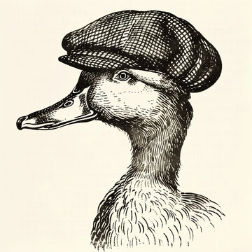 Duck Wearing Ascot Cap - Black Vintage Engraving on White Background, Modern Retro Woodcut Style, Minimalistic Icon, Stylish Funny Close-Up Portrait