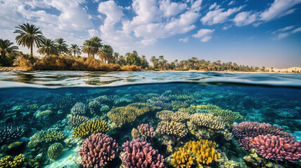 Split View of Vibrant Coral Reef Underwater with Tropical Palm Trees and Blue Sky Above, Showcasing Pristine Marine Ecosystem and Coastal Landscape in Crystal Clear Ocean