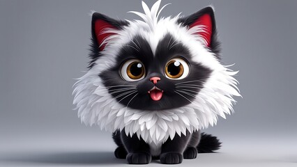 Obraz premium A cute, fluffy black and white cartoon cat with big eyes, sitting playfully.