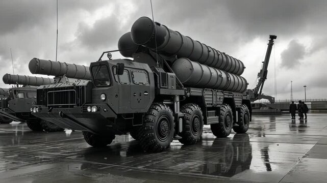 Mobile intercontinental ballistic missiles launcher is parked on wet concrete with military personnel walking in the background