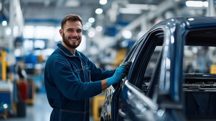 A technician in coveralls diligently polishes a car door panel in a well-lit workshop. Various tools and equipment highlight the meticulous work environment