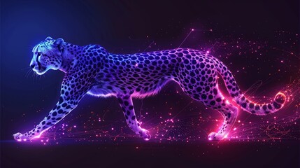 High speed concept. Cheetah in motion in the form of a starry sky or space, consisting of point, line, and shape in the form of planets, stars and the universe. Vector wireframe concept. Blue purple 