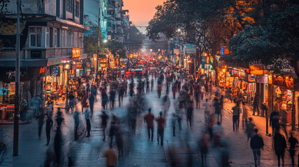 Obraz premium Busy urban street at sunset with motion blur of pedestrians, highlighting the vibrant city life, bustling crowds, and glowing streetlights in a dynamic metropolitan setting.