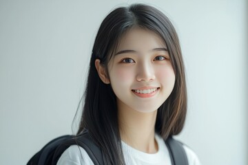 Obraz premium Young beautiful Asian girl with backpack, smiling, tight facial features, rich facial details, white background, portrait photography, extreme quality, HD details, 8k 