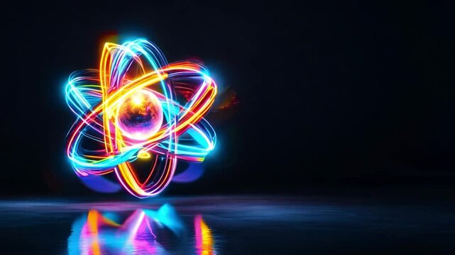 An atom is depicted with glowing electrons swirling around a central nucleus against a dark backdrop with copy space