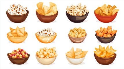 A variety of colorful snack bowls featuring popcorn, chips, and other treats laid out on a table for an enjoyable gathering or party setting