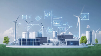 Technologically advanced renewable energy plant featuring smart solar grids, wind turbines, and data analytics driving energy efficiency
