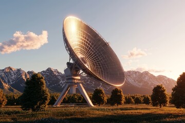 Giant satellite dish in a peaceful landscape, soft sunlight illuminating the structure, merging high-tech exploration with nature