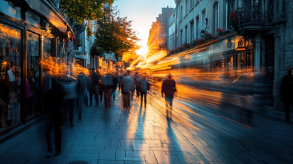 Twilight City Pulse: Blurred Urban Street Scene, Golden Hour Light Trails, Pedestrians and Traffic Merge in Atmospheric European Cityscape at Dusk