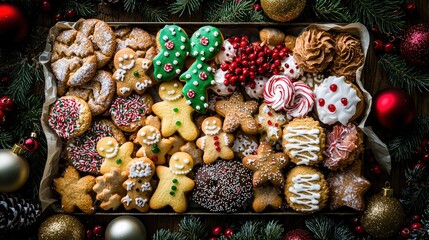 Fototapeta premium A beautiful top-down view of a holiday cookie tray filled with festive cookies: gingerbread men, sugar cookies, and shortbread, surrounded by pine branches and Christmas ornaments.