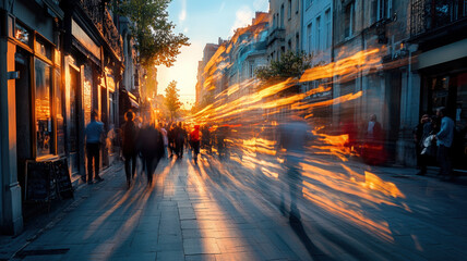 Fototapeta premium Twilight City Pulse: Blurred Urban Street Scene, Golden Hour Light Trails, Pedestrians and Traffic Merge in Atmospheric European Cityscape at Dusk