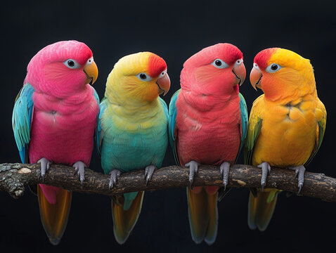 Four beautiful, colorful parrots sitting on a branch, a cute pet photo.