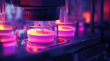 Advanced bioprinting system creating personalized organs for rare disease treatment, glowing layers of tissue being formed in a sterile medical chamber