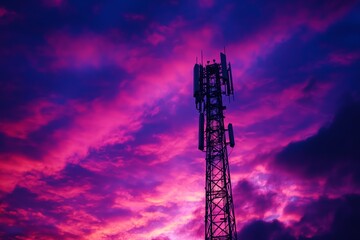 Telecom infrastructure silhouetted by a bright sunset, pastel clouds framing the tower, blending the futuristic with natures beauty