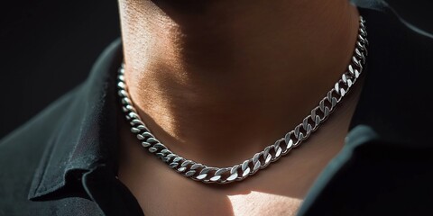 A close-up of a stylish man wearing a thick silver chain necklace and a leather jacket, evoking a cool, edgy fashion vibe, perfect for men's fashion, accessories, or lifestyle content