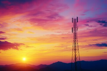 Telecommunication tower against a soft pastel sunset, vibrant sky reflecting on the steel structure, symbolizing modern connectivity