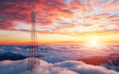 Towering communication structure against a vibrant sunset, soft clouds and distant mountains, serene and futuristic landscape