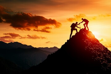 Two business professionals on a mountain peak, one helping the other climb, symbolizing teamwork and success under a vibrant sky