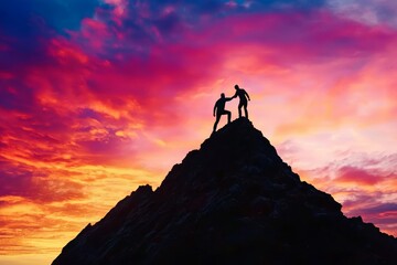 Two business professionals on a mountain peak, one helping the other climb, symbolizing teamwork and success under a vibrant sky