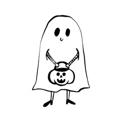 Trick or treat, a ghost with a pumpkin bag, doodle vector illustration, cute character on a white background
