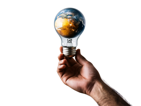 a hand holding a light bulb with a globe inside - Powered by Adobe