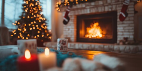 A cozy home interior featuring a decorated fireplace with glowing stockings and holiday lights on Boxing Day evening