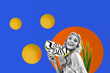 Trend artwork composite sketch collage of summer season beach journey travel nature outdoors young happy lady hand hold surreal watermelon