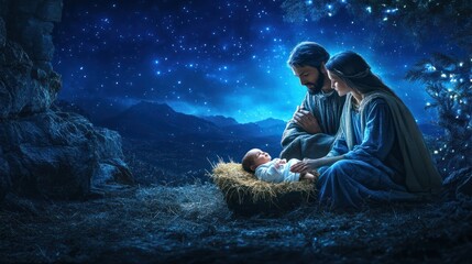 Nativity story - Joseph, Mary and newborn baby Jesus Christ. Christian Christmas scene with holy family in dark blue night. Birth of Salvation, Messiah, Emmanuel, God with us