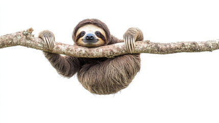 Obraz premium Sloth hanging from a branch in a bright setting, showcasing its relaxed demeanor