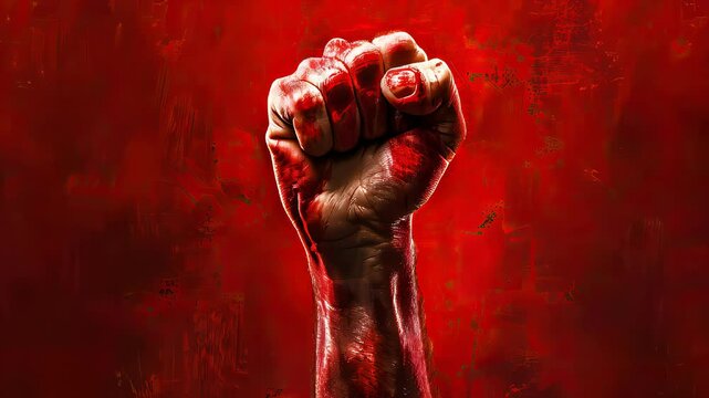 A raised fist symbolizing anger or righteous anger. Dark red.