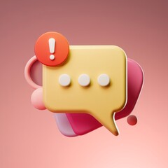 3D Render of a Playful Yellow Speech Bubble with Typing Indicator Dots, Featuring a Red Notification Badge with an Exclamation Mark, Showcasing a Modern Design