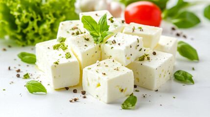 Fresh cheese cubes garnished with herbs and vegetables on a white surface during daylight