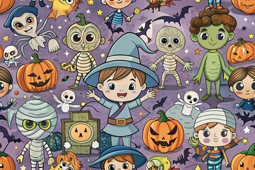 Trick or Treat coloring page. Halloween coloring page for kids. Cartoon children in Halloween costumes. Cute children, witch, dracula, pumpkin, bat, zombie, mummy, cat