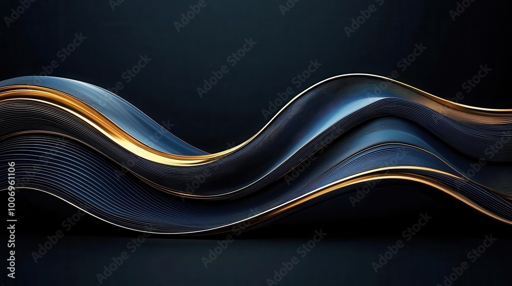 Wall mural abstract dark blue wave gold line wave glow light effect luxury background