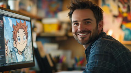 Fototapeta premium A happy man with short hair and a beard sits at his desk in front of a computer, drawing an anime character on paper using digital software on the screen. The close-up shot shows h