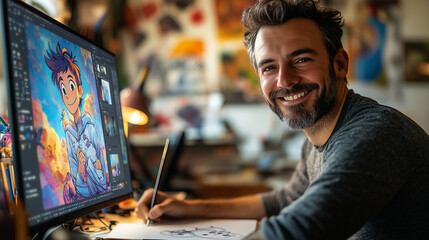 Fototapeta premium A happy man with short hair and a beard sits at his desk in front of a computer, drawing an anime character on paper using digital software on the screen. The close-up shot shows h