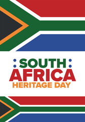 South Africa Heritage Day. Happy holiday. Celebrate culture and traditions of nation. South African flag. Poster with illustration. Pattern design. Vector
