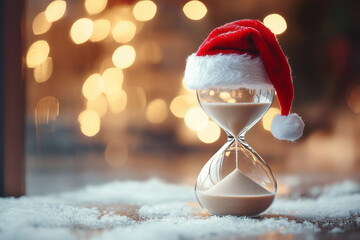 An hourglass with sand flowing and wearing a Santa hat, against a minimalistic background, conveying a Christmas 2025 concept.