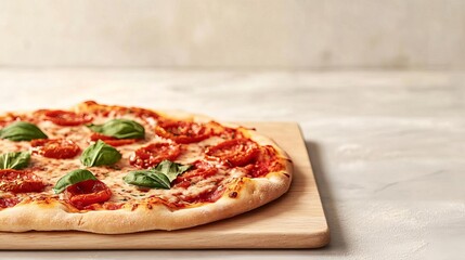 Classic margarita pizza with herbs, rich tomato, warm feel