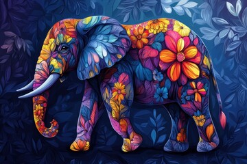 Obraz premium vibrant elephant doodle with floral patterns, a unique banner for wildlife conservation promotion savetheelephants